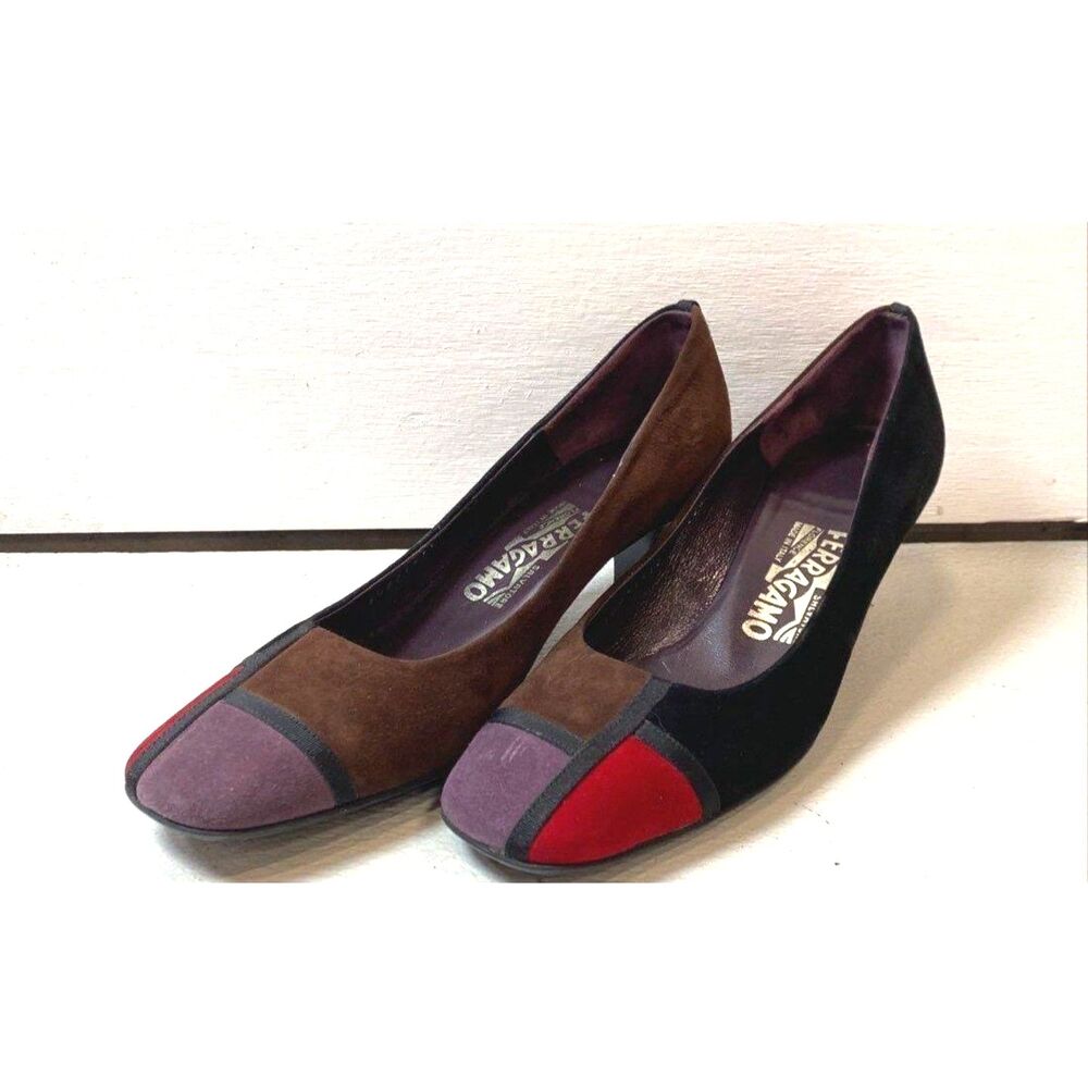 Salvatore Ferragamo Multicolor Abstract Patterned Suede Pump Heels Size 7